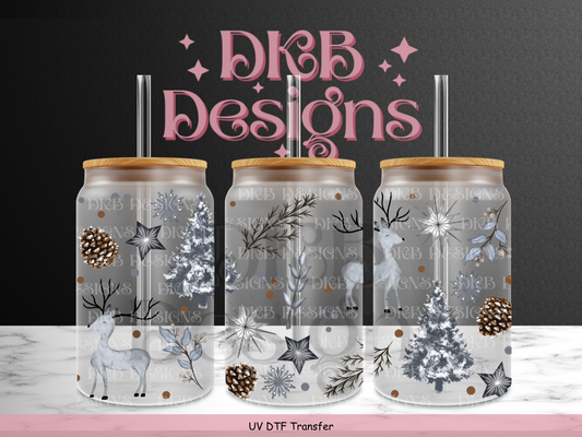 Winter deer 16oz glass can UV DTF