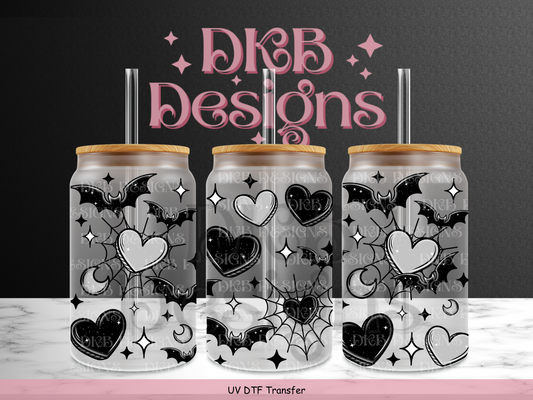 Bats & hearts (black) 16oz glass can UV DTF