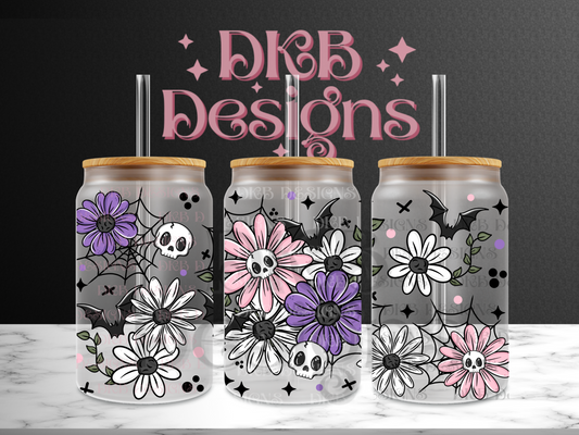 Skellie bat florals 16oz glass can UV DTF