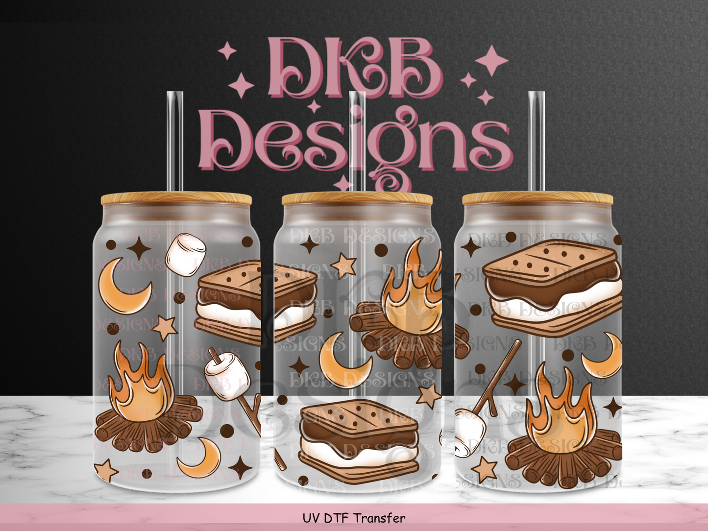 Campfire smores 16oz glass can UV DTF