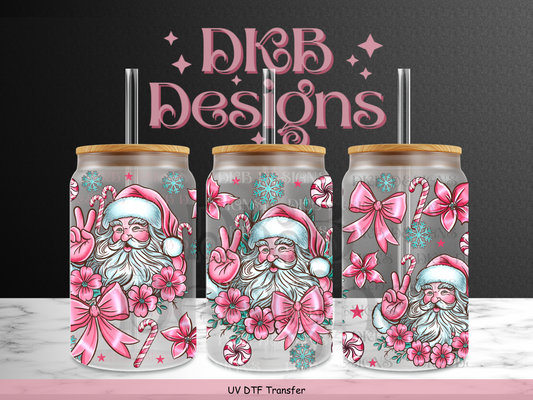 Pink santa 16oz glass can UV DTF