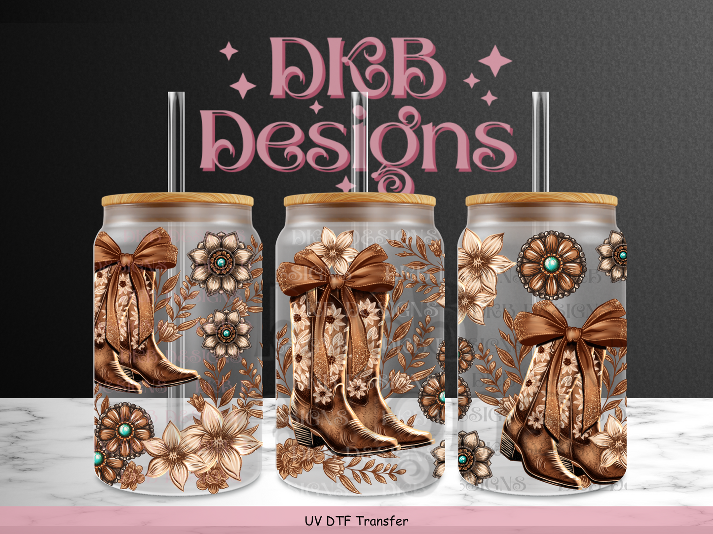 Floral boots 16oz glass can UV DTF