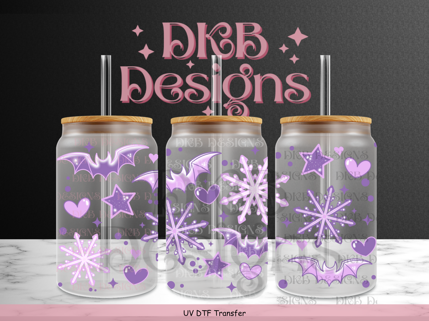 Purple snowflake bats 16oz glass can UV DTF