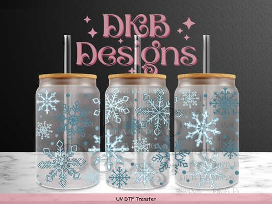 Blue Snowflakes 16oz glass can UV DTF