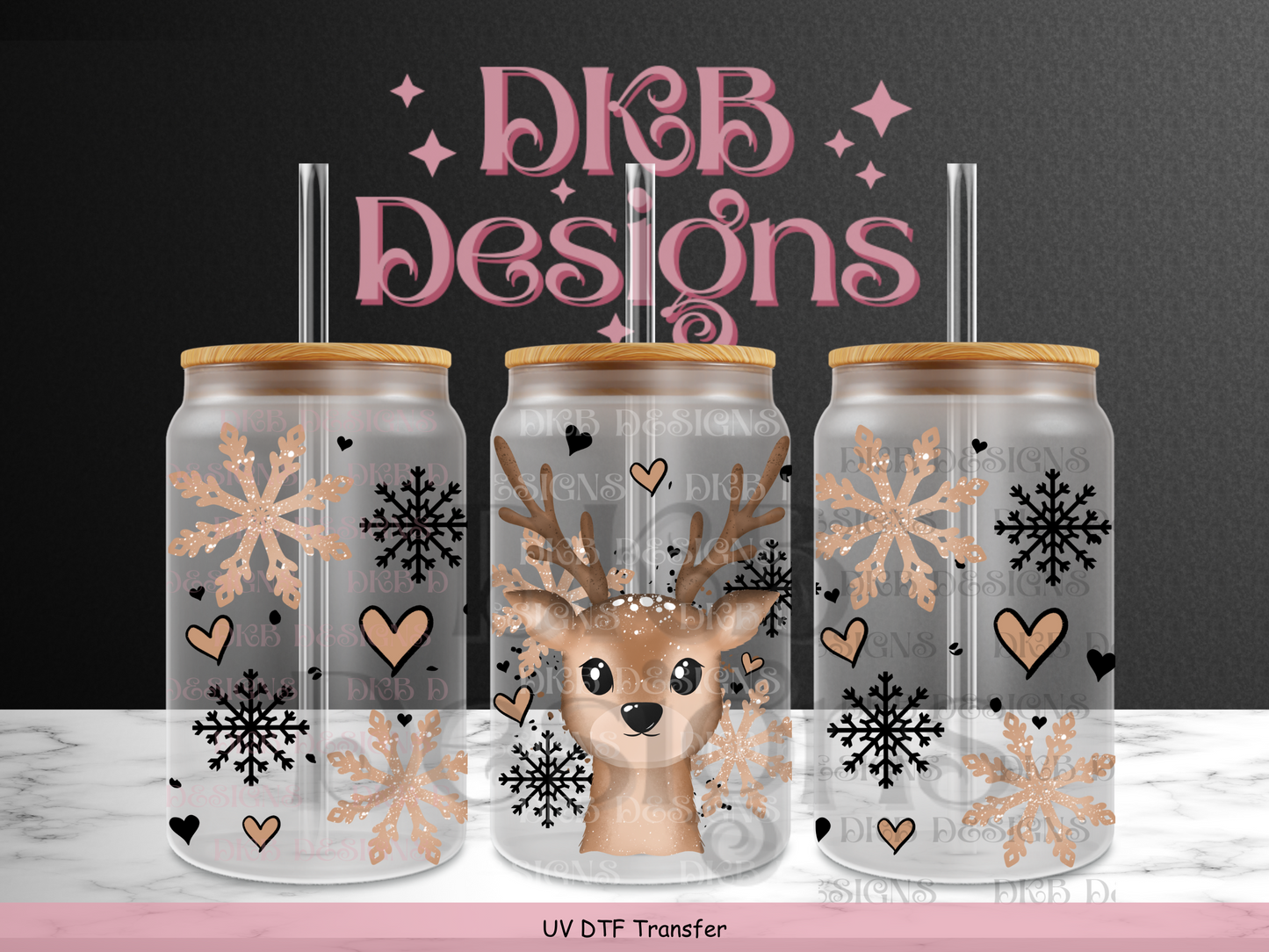 Winter deer 16oz glass can UV DTF