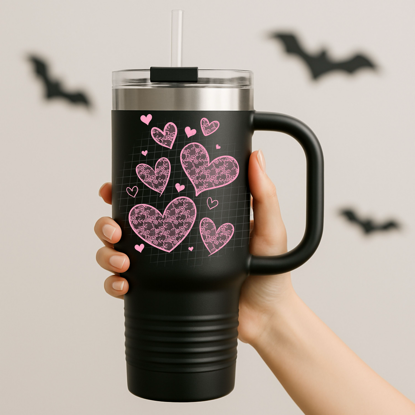 Pink lace hearts UV DTF