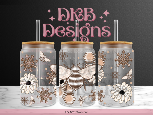 Winter bee 16oz glass can UV DTF