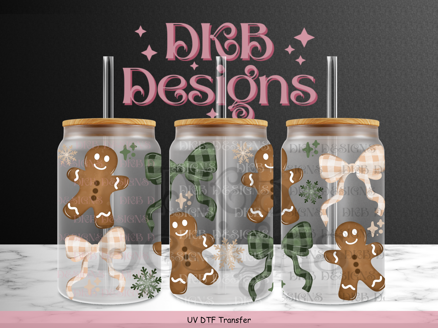 Gingerbread & bows 16oz glass can UV DTF