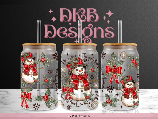 Snowman 16oz glass can UV DTF