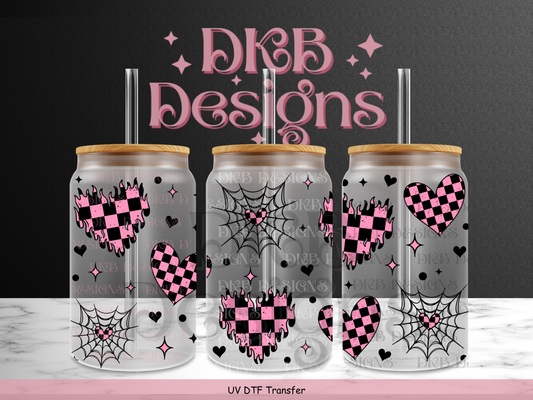 Pink checkered hearts 16oz glass can UV DTF