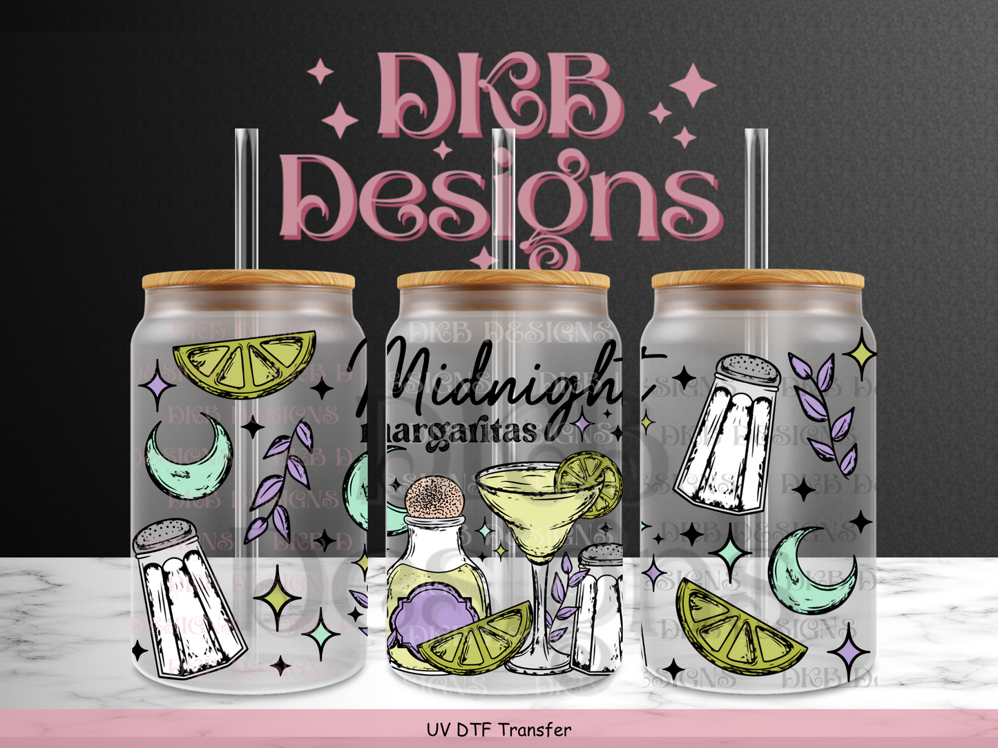 Midnight margaritas 16oz glass can UV DTF