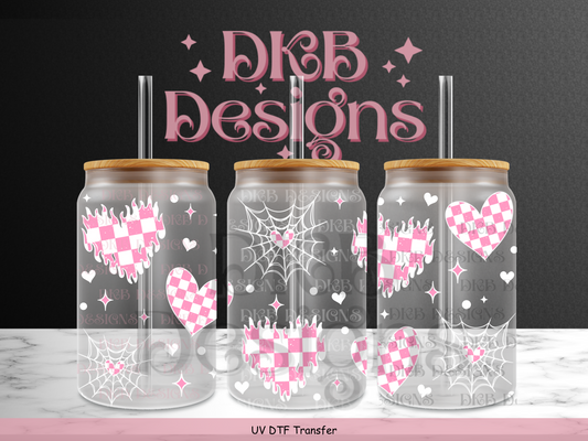 Pink white checkered hearts 16oz glass can UV DTF