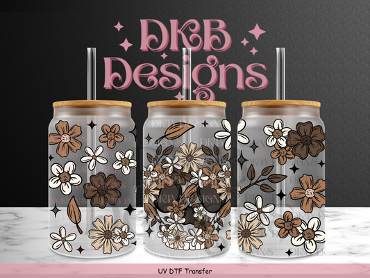 Brown floral skellie 16oz glass can UV DTF