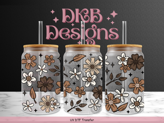 Brown floral 16oz glass can UV DTF