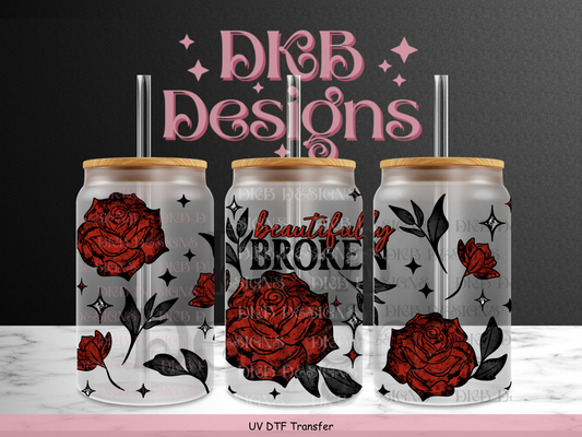 Beautifully broken 16oz glass can UV DTF