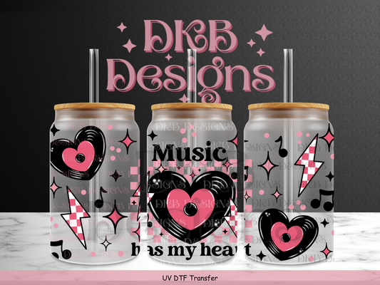 Music has my heart 16oz glass can UV DTF