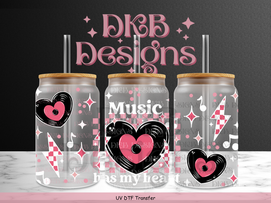 Music has my heart (white) 16oz glass can UV DTF