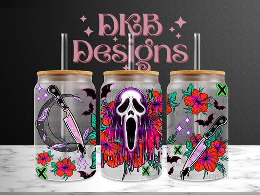 Floral horror 16oz glass can UV DTF