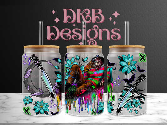 Floral horror 16oz glass can UV DTF