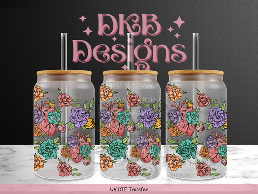 Floral heart 16oz glass can UV DTF