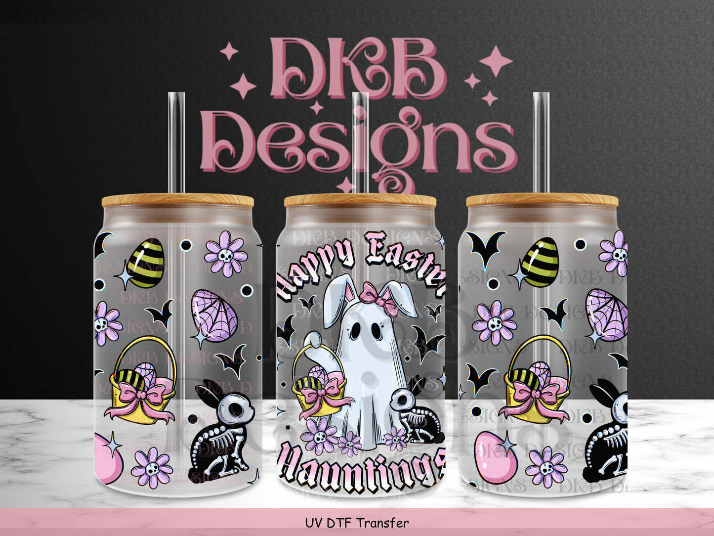 Happy Easter Hauntings 16oz glass can UV DTF