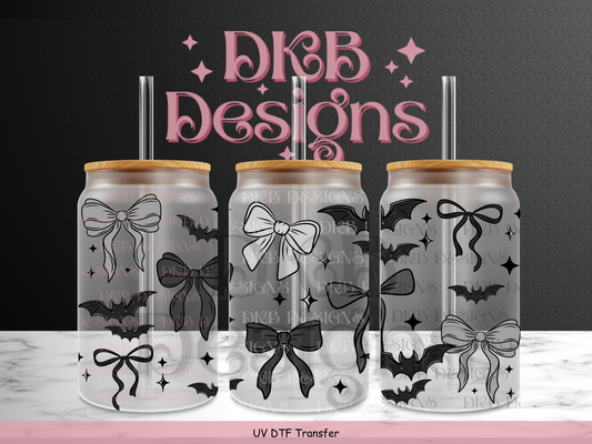 Bats and bows 16oz glass can UV DTF