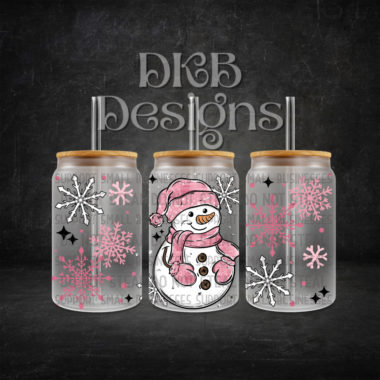 Pink snowman 16oz glass can UV DTF