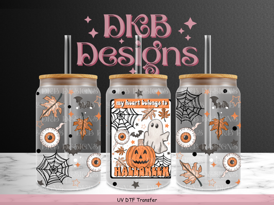 Heart belongs to halloween 16oz glass can UV DTF