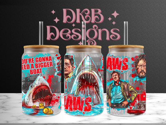 Shark 16oz glass can UV DTF